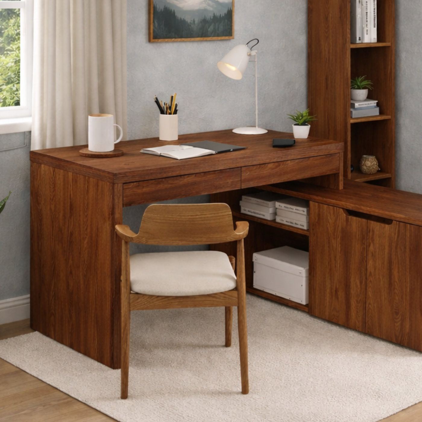 Solid Wood L-Shaped Desk with Bookshelf & Storage Cabinet – Modern Home Office Desk