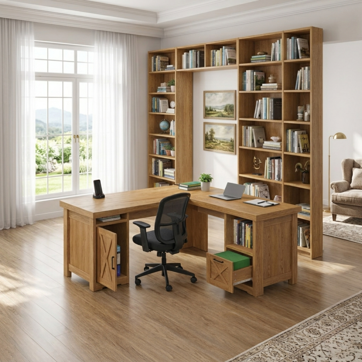 Solid Wood L Shaped Office Desk with Storage Cabinets and Shelves, Modern Wooden Executive Study Desk