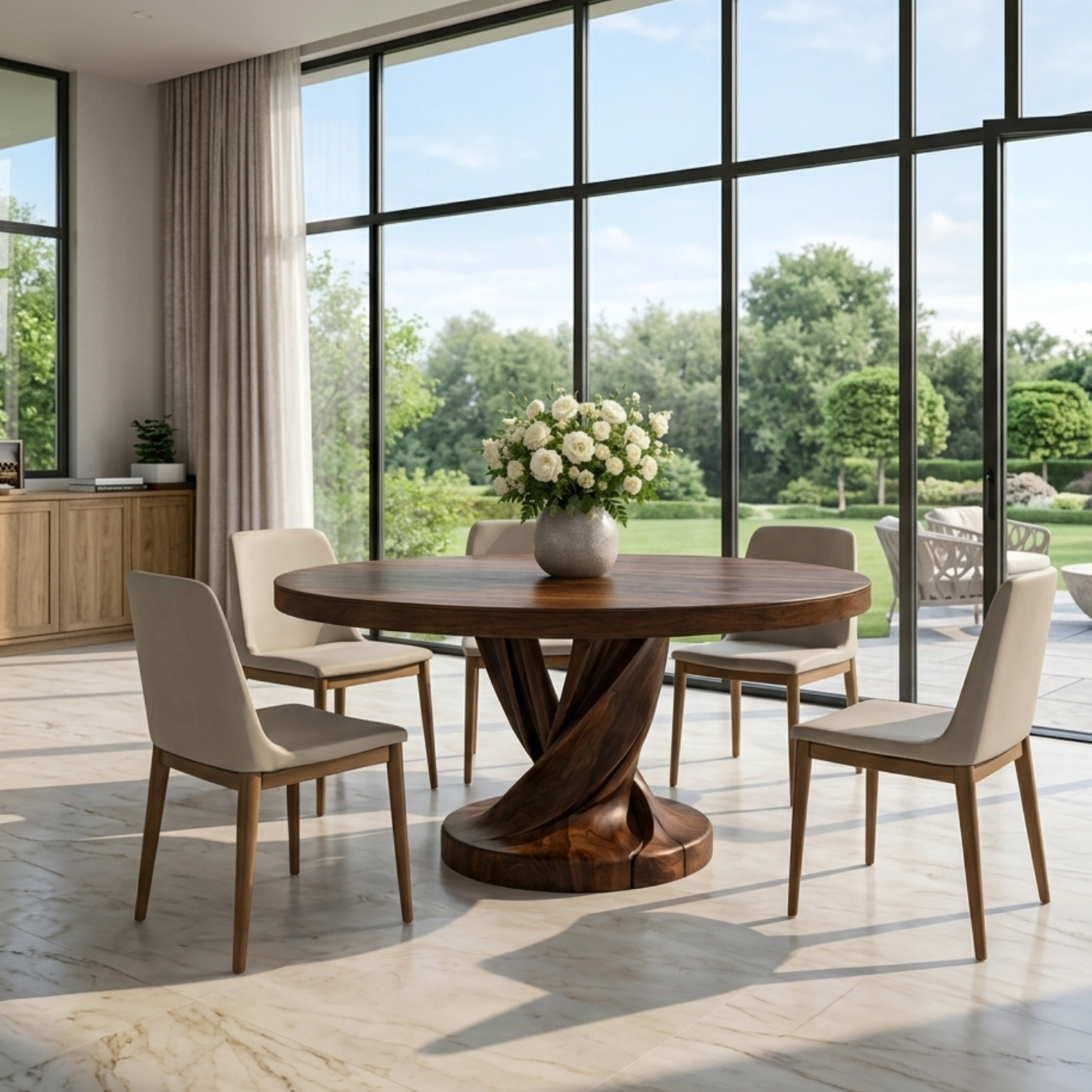 Round Solid Wood Dining Table with Sculptural Twisted Pedestal Base