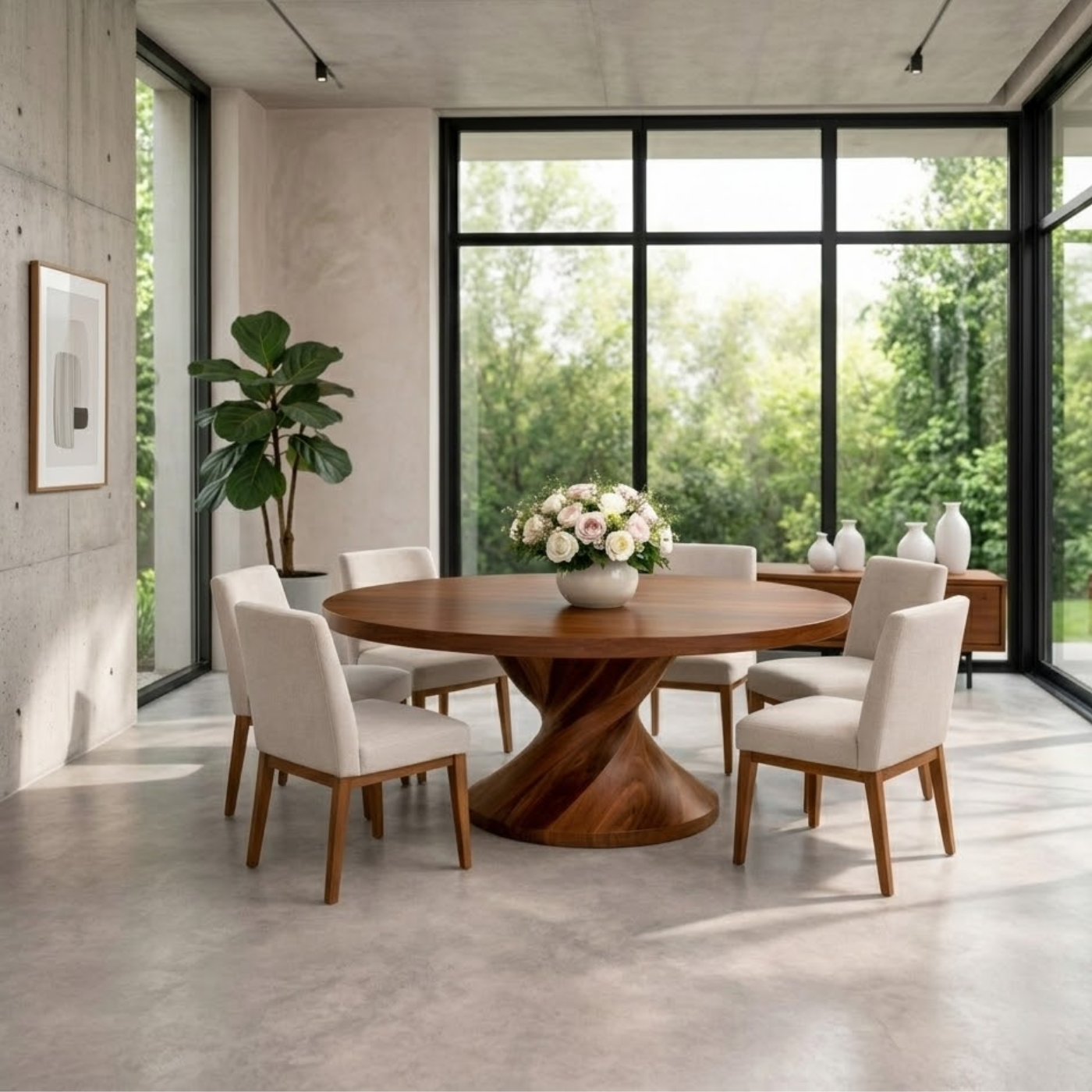 Round Solid Wood Dining Table with Sculptural Pedestal Base