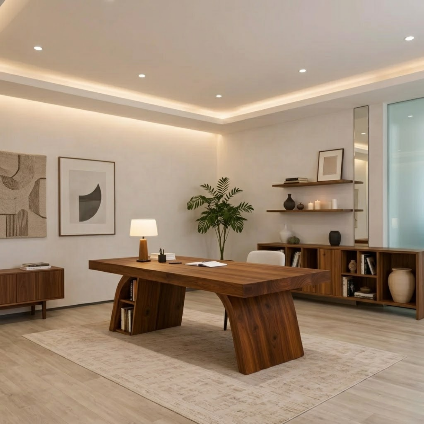 Solid Wood Desk with Thick Slab Top and Integrated Shelf Storage