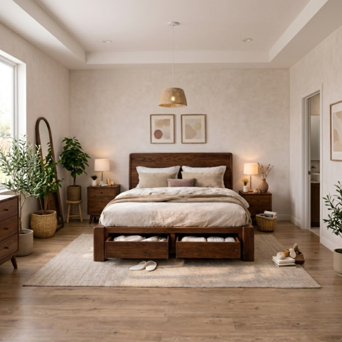 Solid Wood Bed Frame with Storage Drawers – Modern Rustic Platform Bed