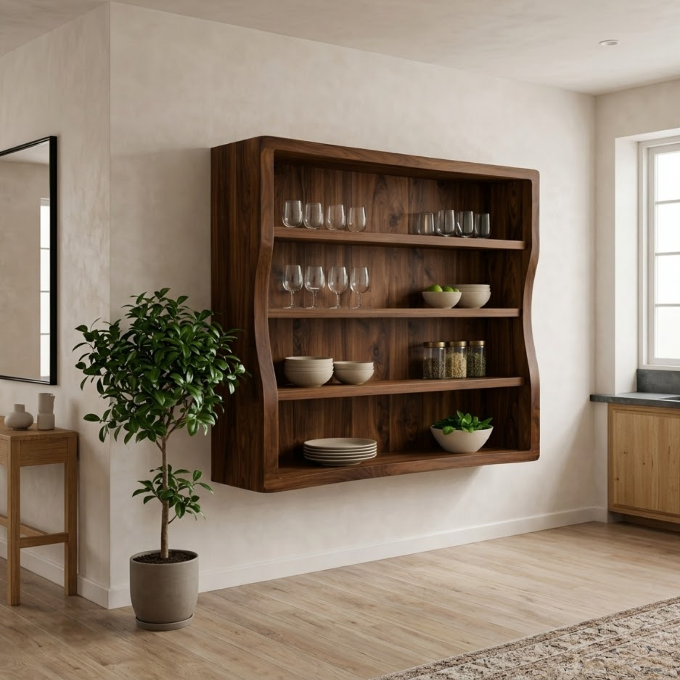 Solid Wood Kitchen Cabinet Shelf – Curved Wall Mounted Storage Cabinet