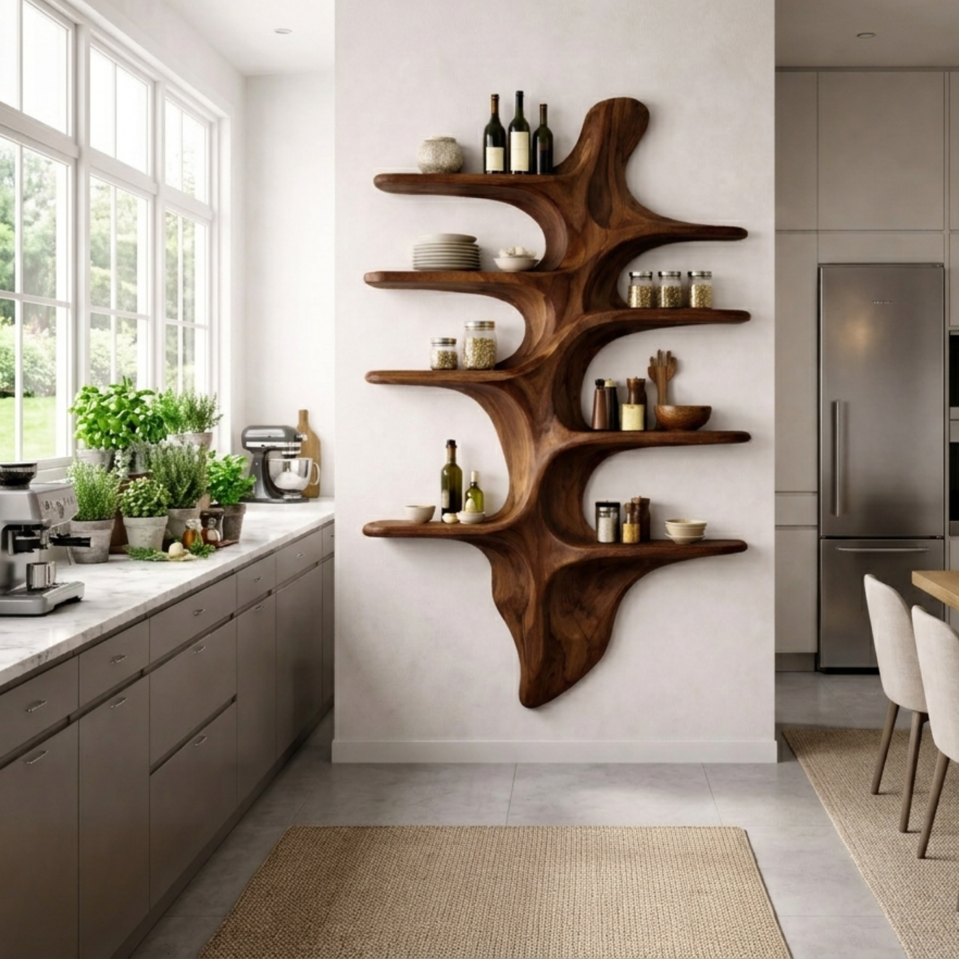 Sculptural Solid Wood Wall Shelf Kitchen Cabinet – Organic Live Edge Floating Storage