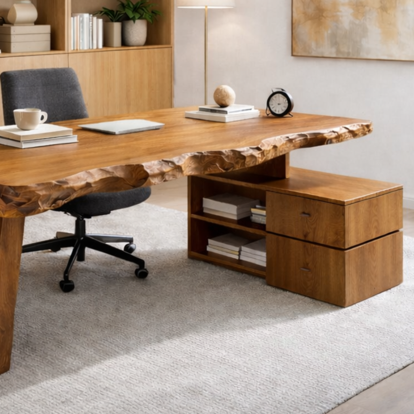 Solid Wood Live Edge Desk with Storage Cabinet – Rustic Modern Executive Office Desk