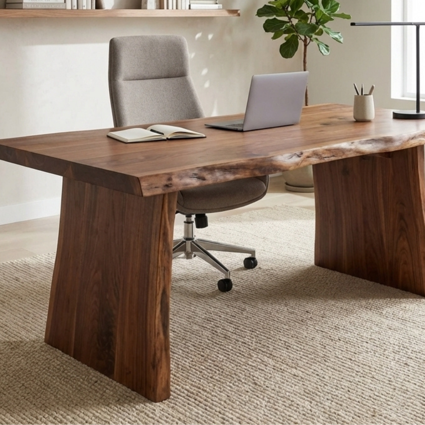 Solid Wood Live Edge Desk – Modern Minimalist Office Table with Sculptural Base