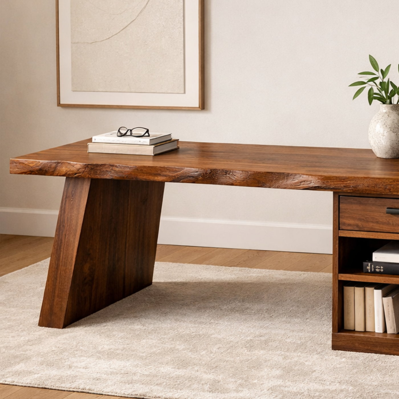 Solid Wood Desk with Drawer and Open Shelf Storage – Modern Rustic Design