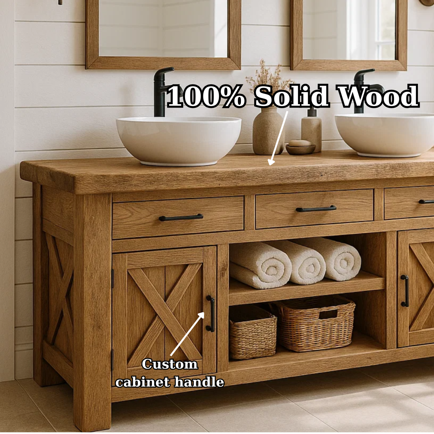 Farmhouse Solid Wood Double Bathroom Vanity with 3 Drawers, Sliding Barn Doors and Open Shelf