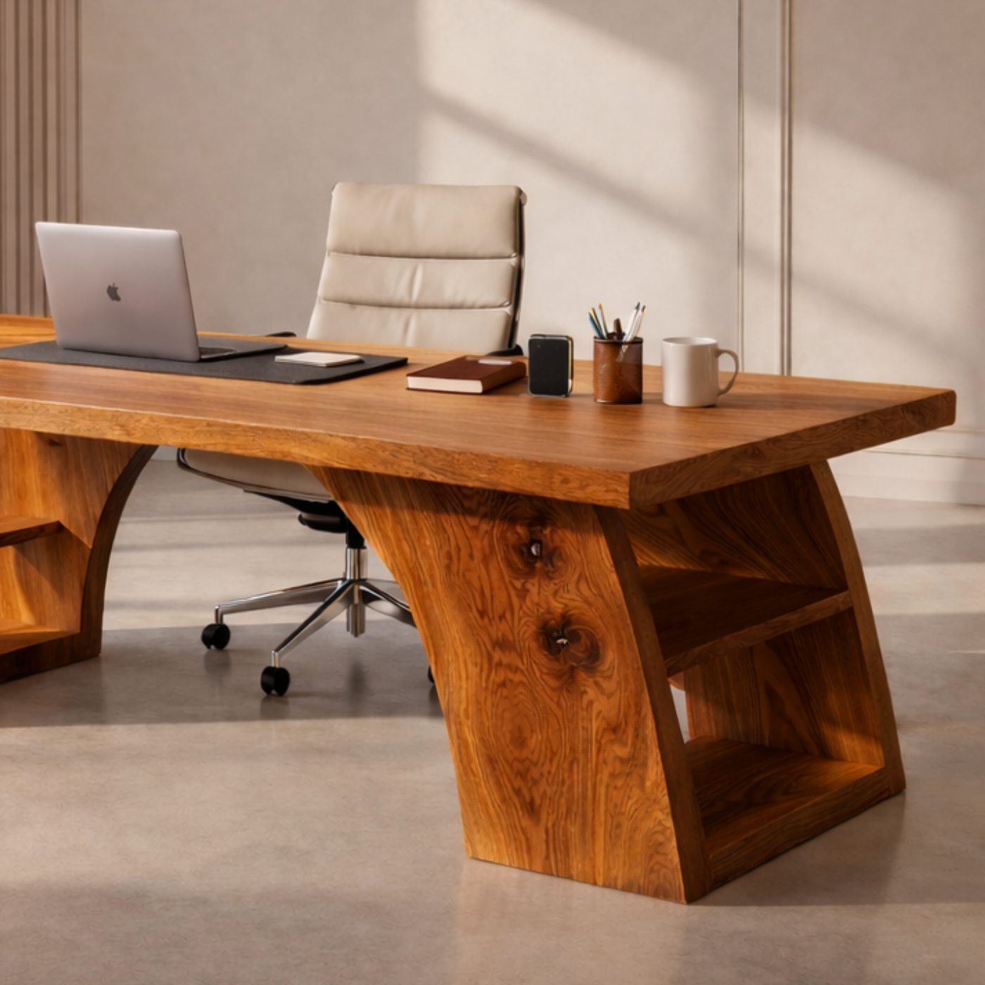 Solid Wood Executive Desk with Sculptural Base and Open Shelf Storage