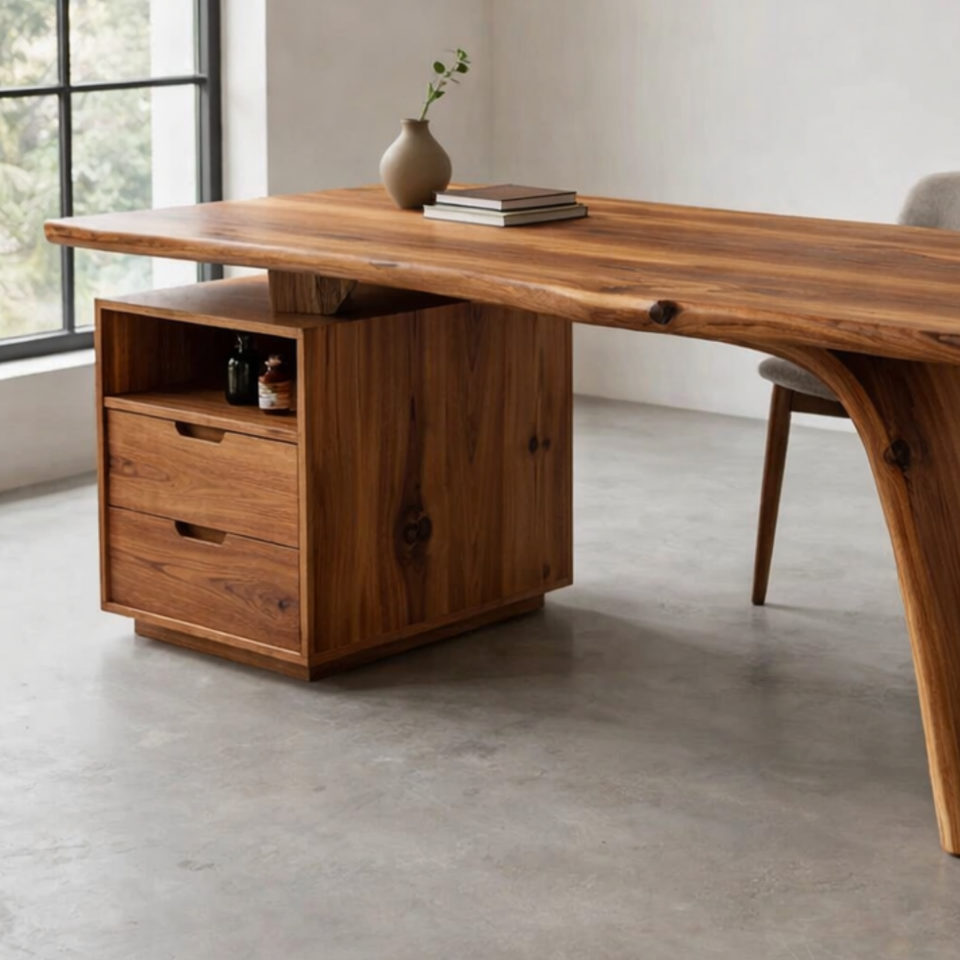 Solid Wood Desk with Live Edge Top and Integrated Drawer Storage