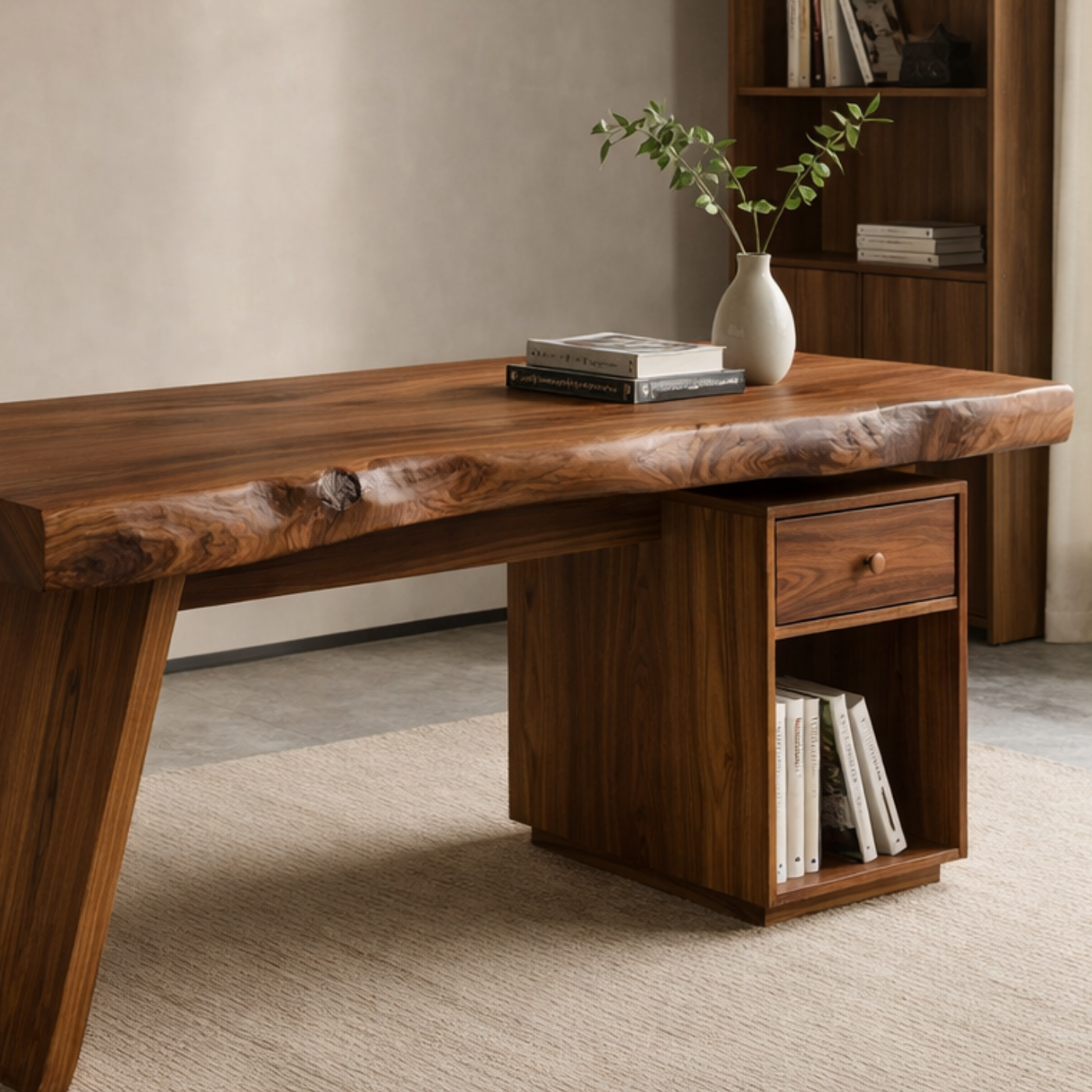 Solid Wood Live Edge Desk with Drawer Storage – Rustic Modern Office Table