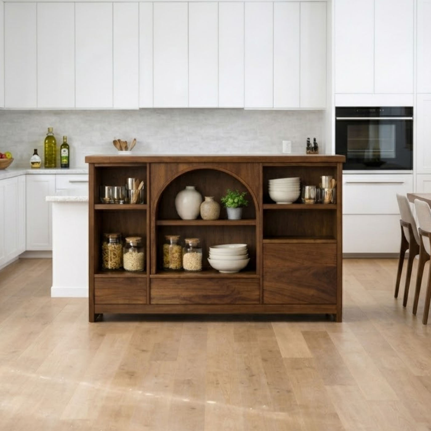 Solid Walnut Kitchen Island with Arched Center Shelf & Open Storage