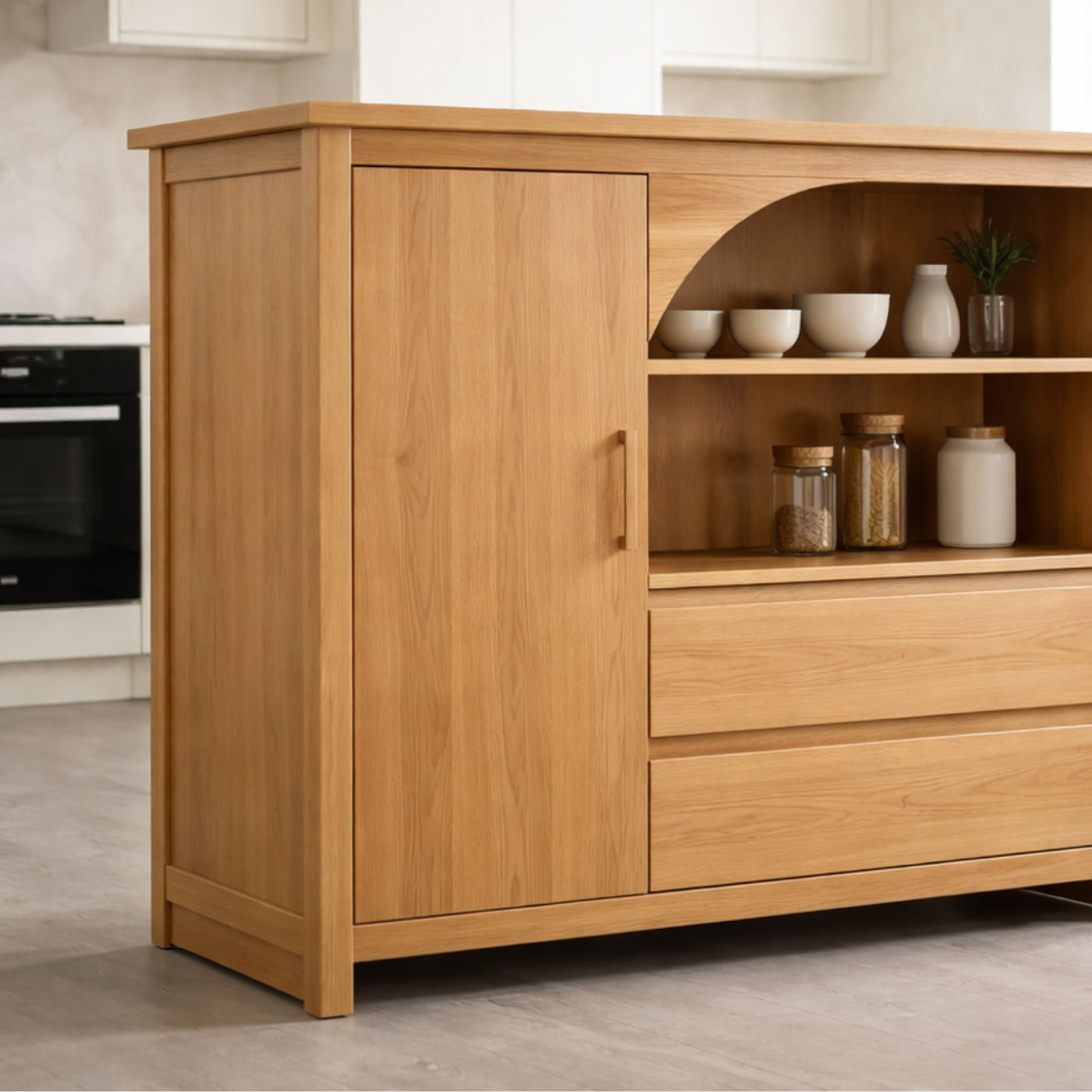 Solid Oak Kitchen Island with Arched Open Shelf & Drawer Storage