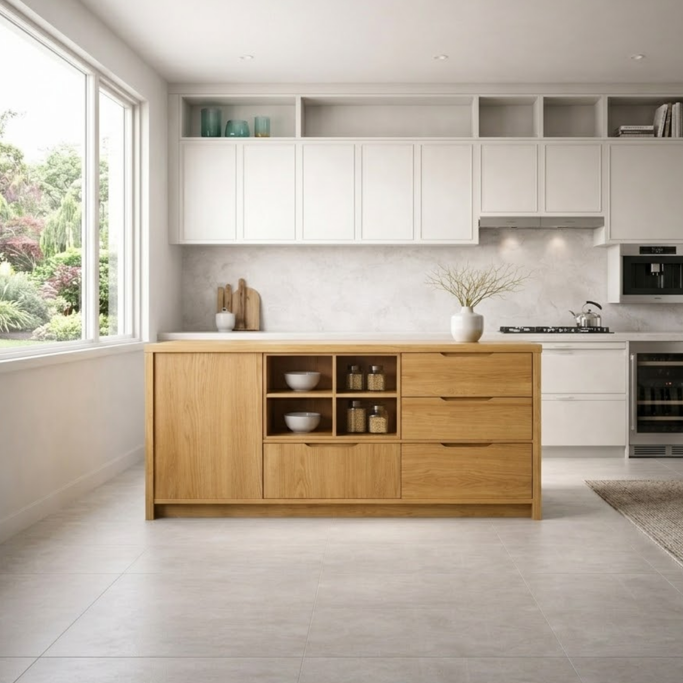 Solid Oak Kitchen Island with Drawer Storage & Open Shelving