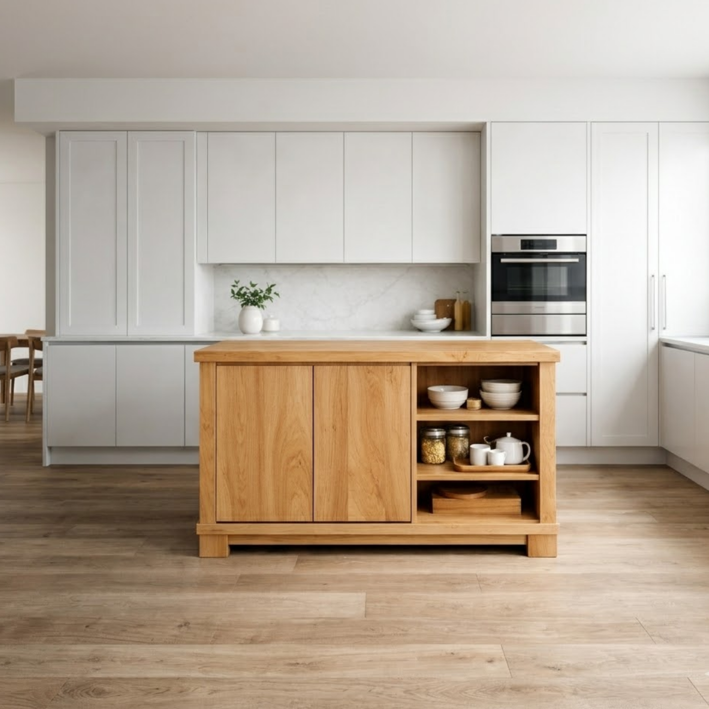 Solid Wood Kitchen Island with Doors & Open Shelf Storage