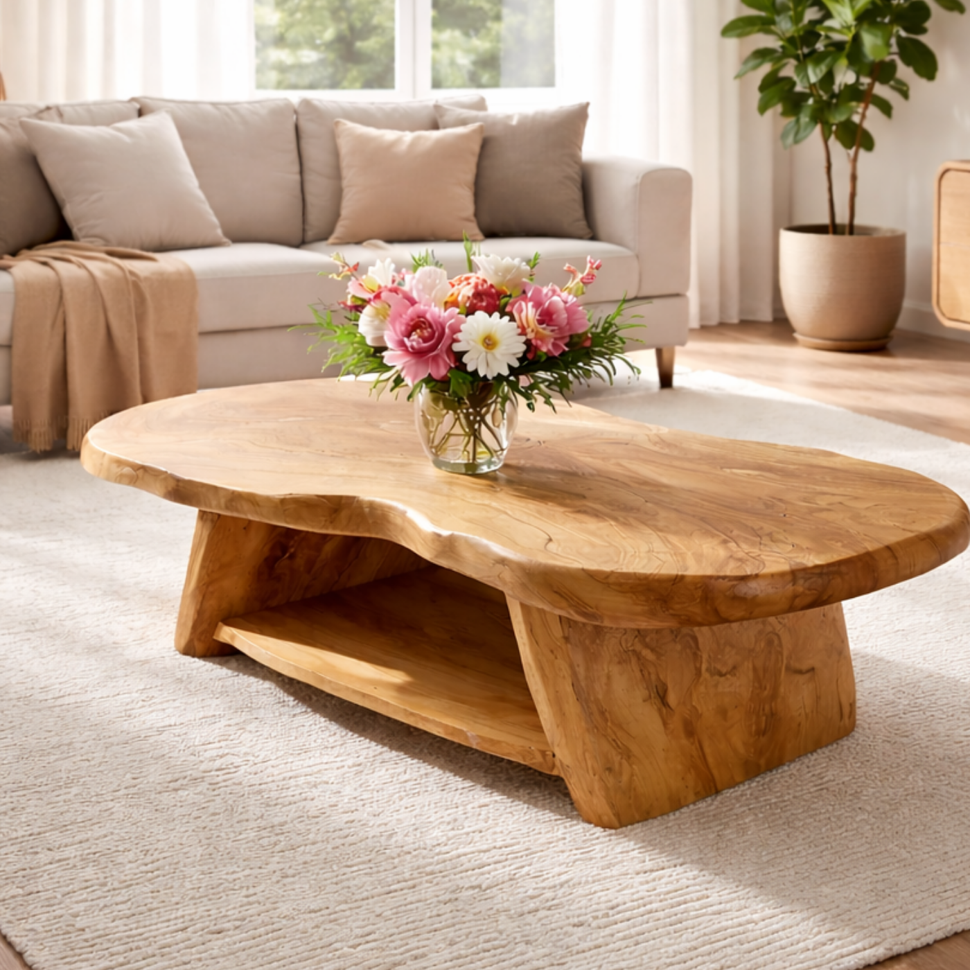 Organic Solid Wood Coffee Table with Sculpted Base in Light Natural Oak