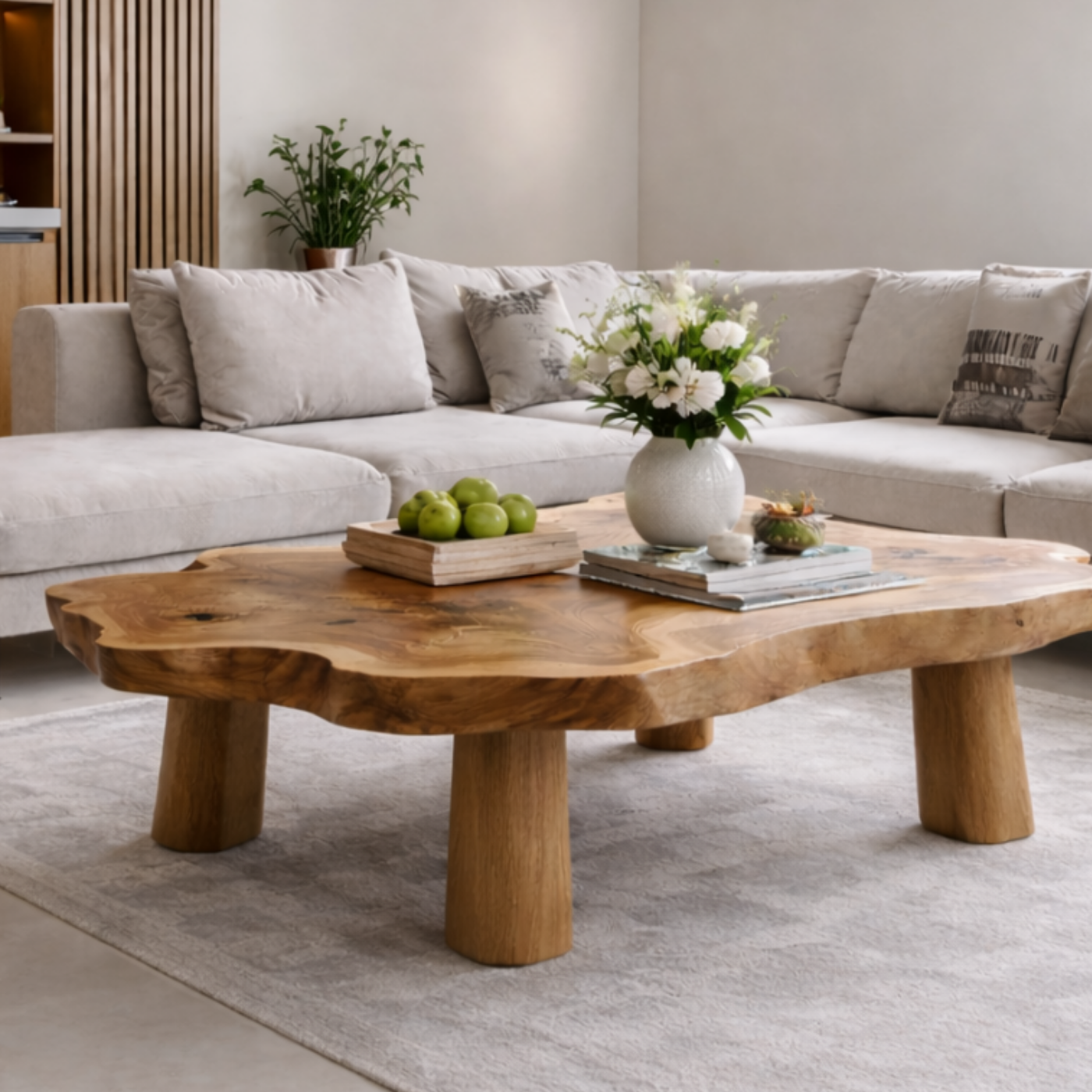 Solid Wood Live Edge Coffee Table with Chunky Legs Rustic Organic Design