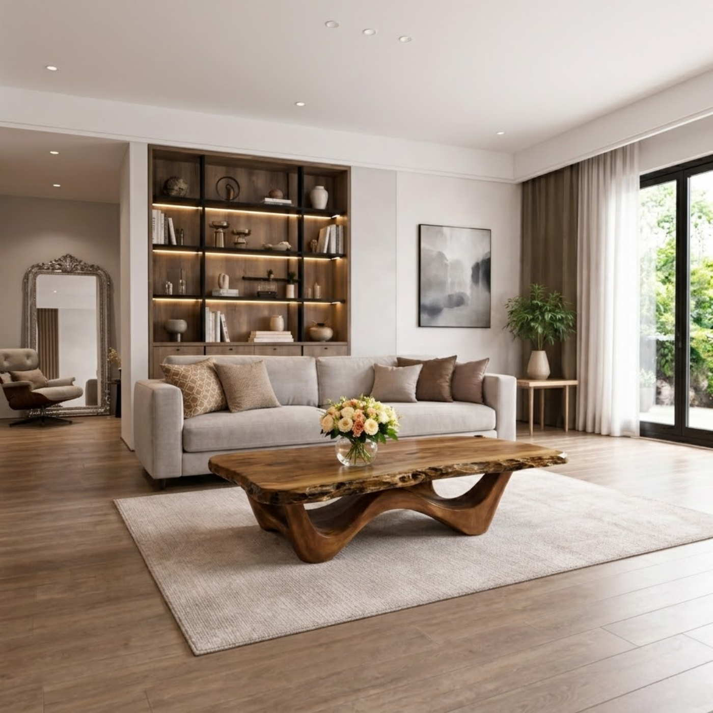Live Edge Solid Wood Coffee Table with Sculptural Base and Natural Grain