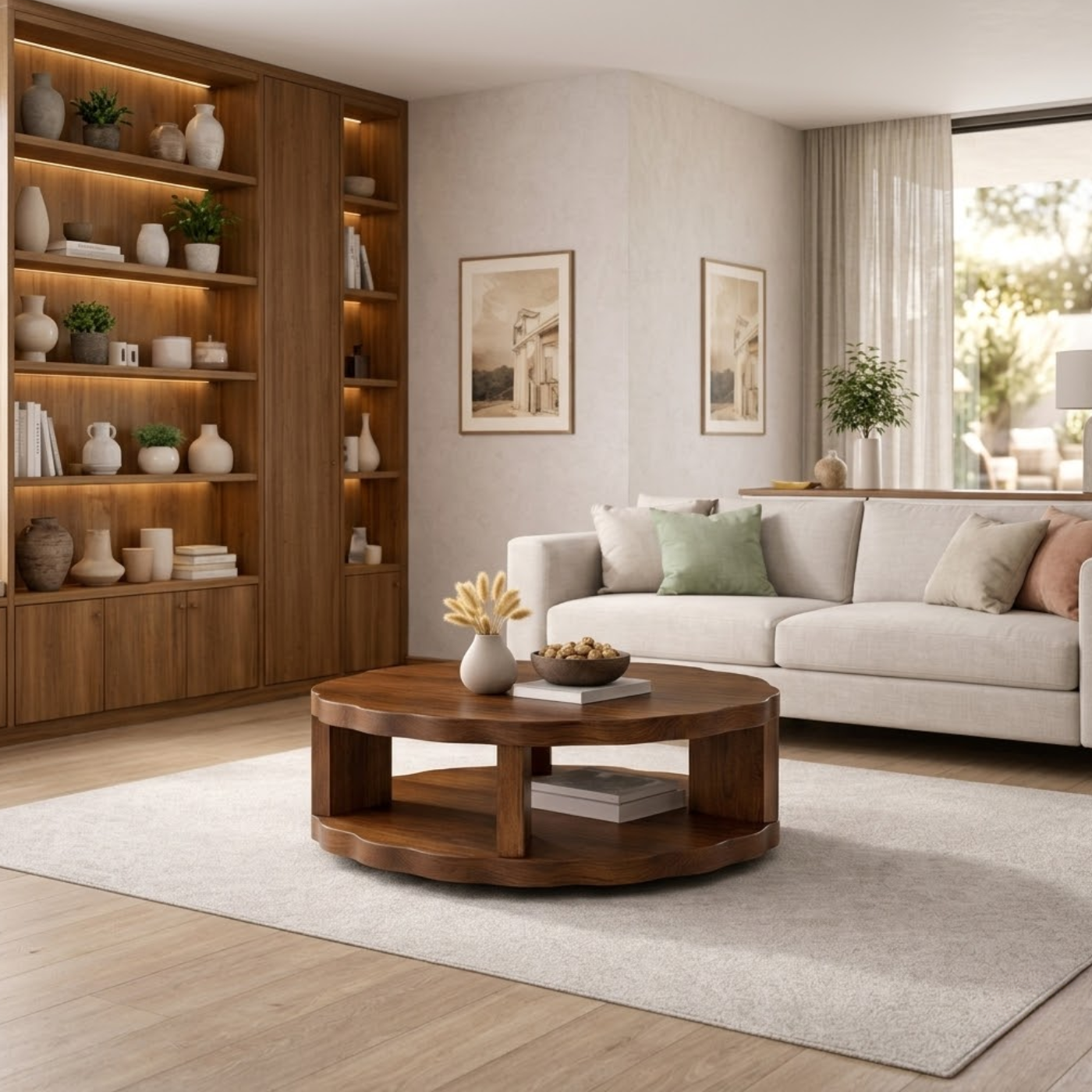 Round Solid Wood Coffee Table with Storage Shelf and Thick Slab Design