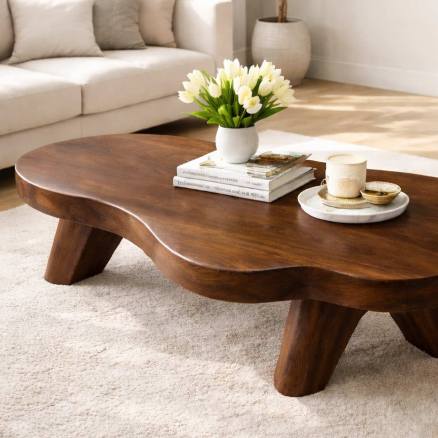 Organic Solid Wood Coffee Table with Sculpted Base and Smooth Curved Top