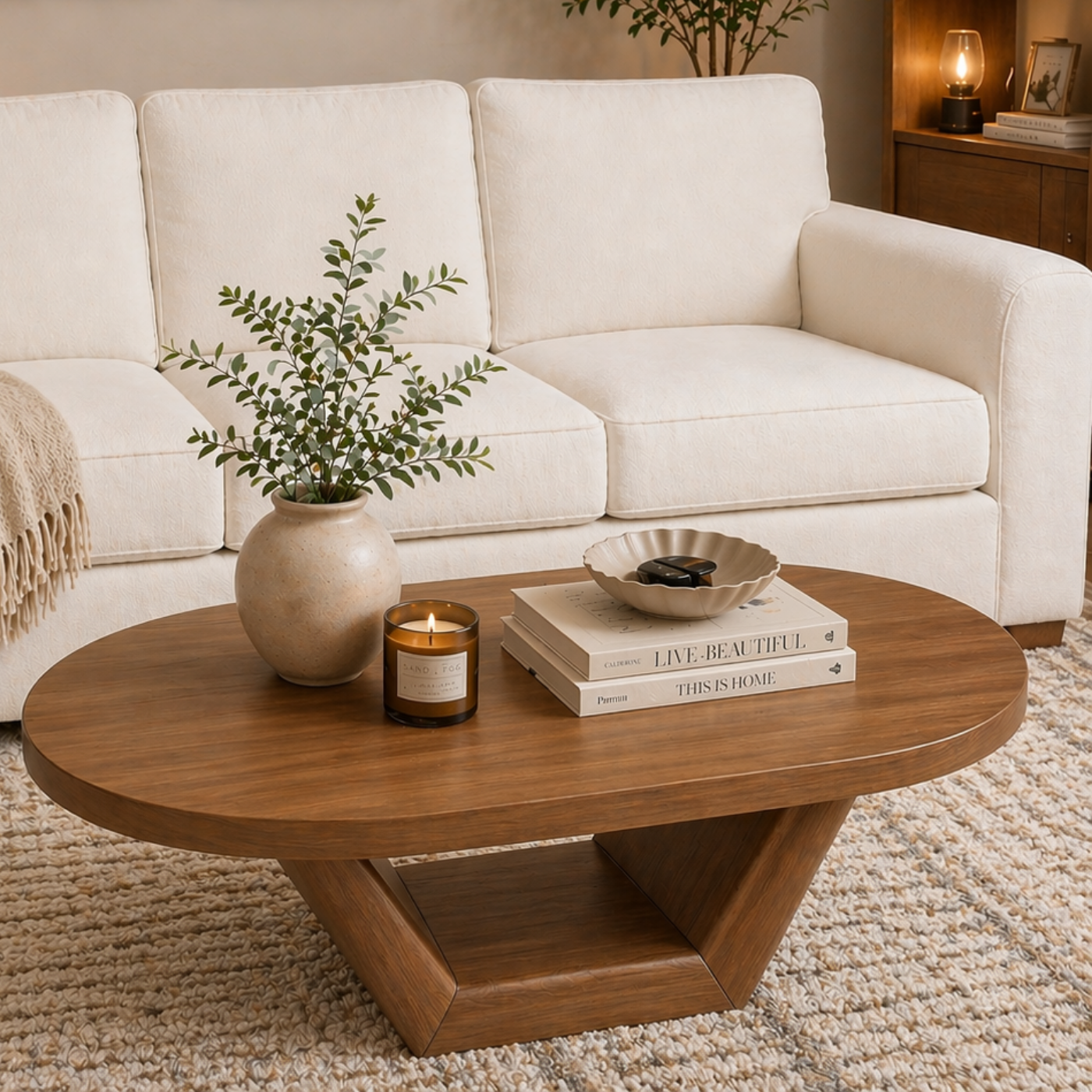 Solid Wood Coffee Table with Sculptural Base