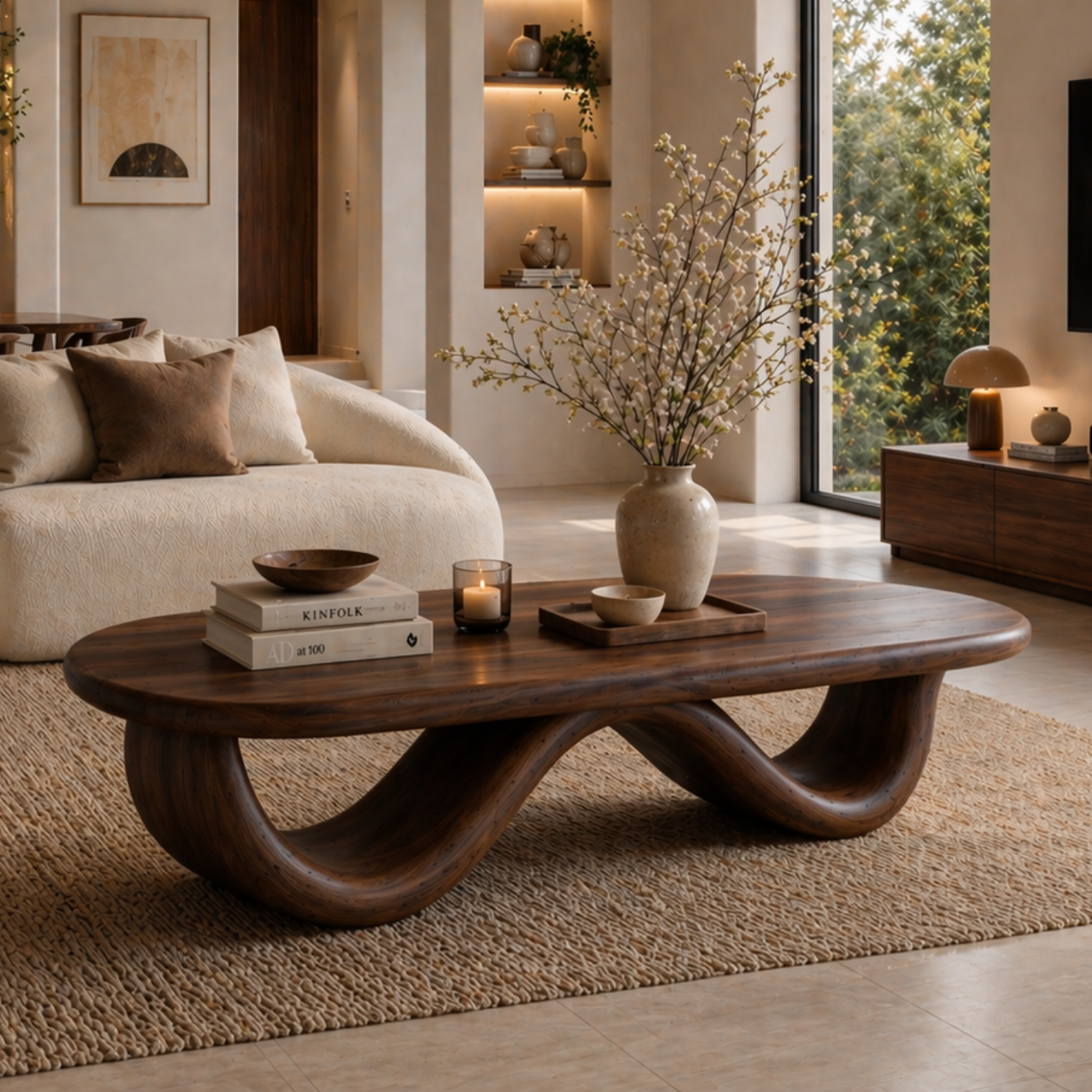 Solid Wood Coffee Table with Curved Sculptural Base and Organic Top