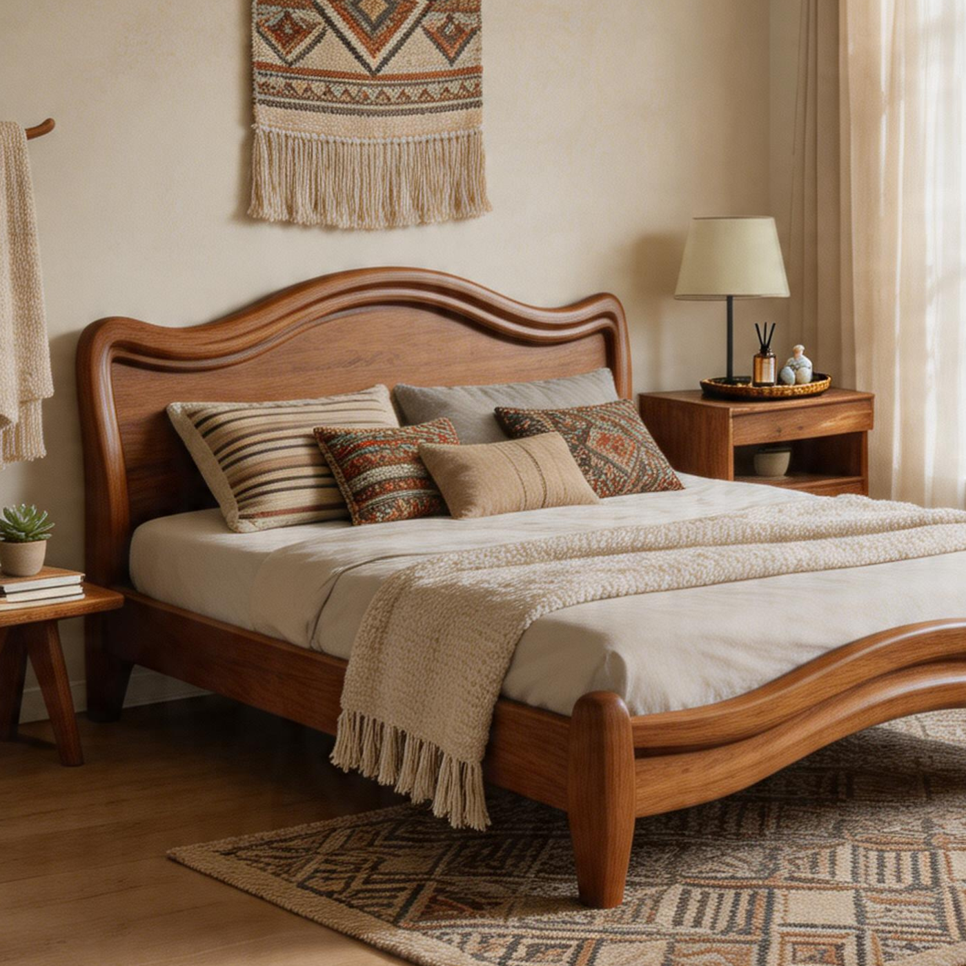 Modern Solid Wood Platform Bed with Curved Design
