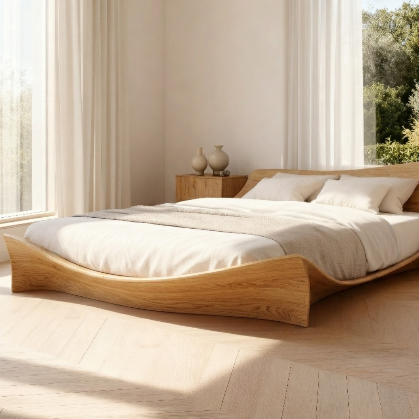 Solid Wood Platform Bed with Sculptural Curved Frame