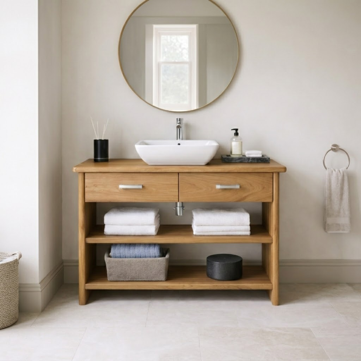 Solid Wood Bathroom Vanity Cabinet with Drawers and Open Shelves – Modern Freestanding Single Vanity