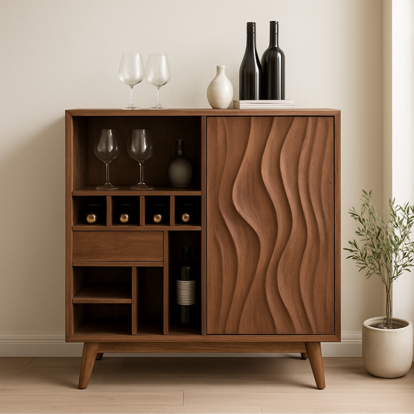 Solid Wood Wine Cabinet with Wave Carved Door and Compact Bottle Storage