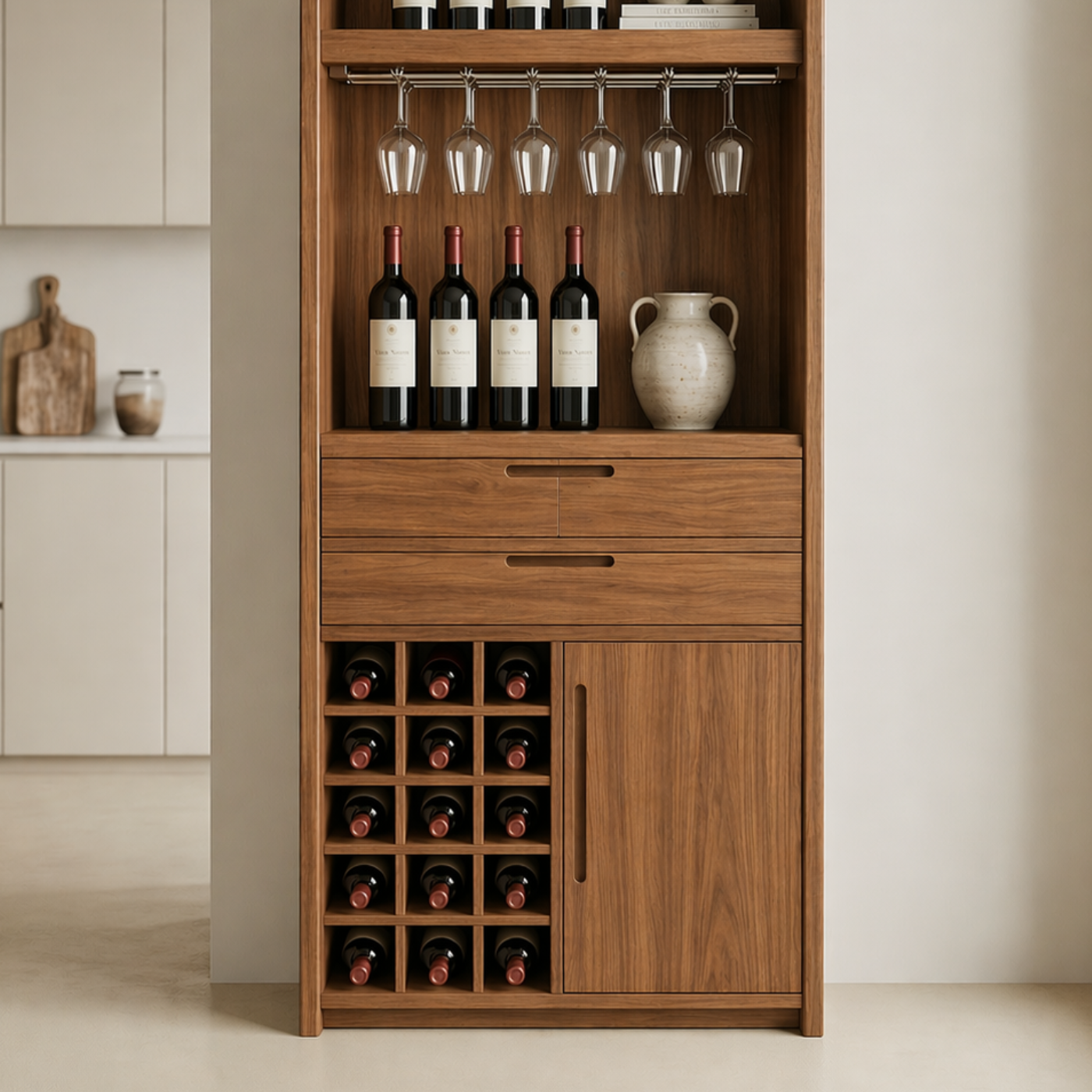 Solid Wood Wine Cabinet with Arched Top, Glass Holder and Bottle Storage