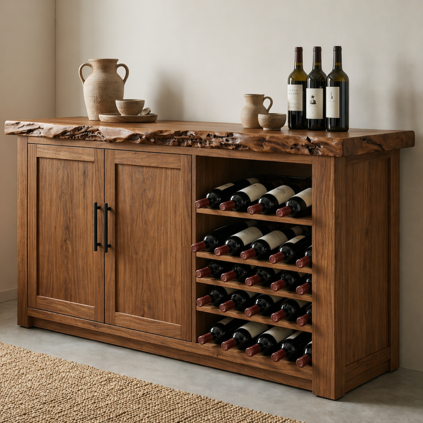 Solid Wood Wine Cabinet with Live Edge Top and Built-In Bottle Rack