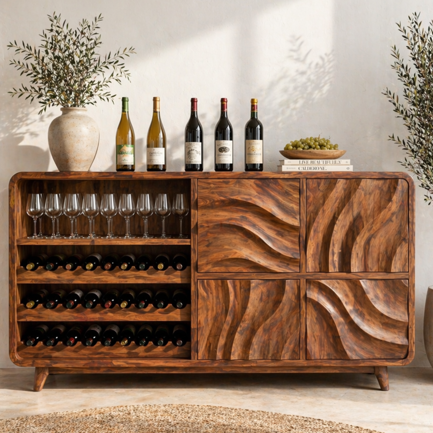 Solid Wood Wine Sideboard with Wave Carved Doors and Open Bottle Storage