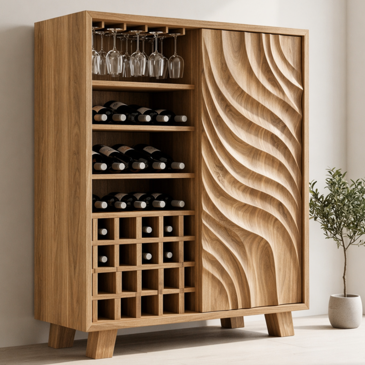 Solid Wood Wine Cabinet with Sculpted Wave Door and Bottle Storage