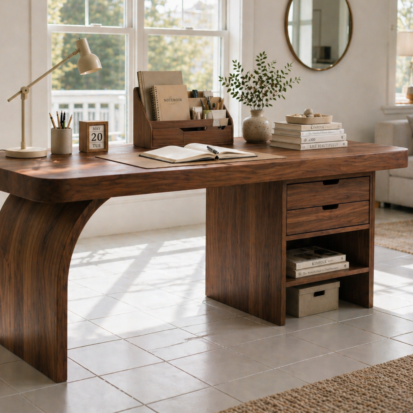 Solid Wood Study Desk with Curved Leg, Drawers and Open Shelf Storage