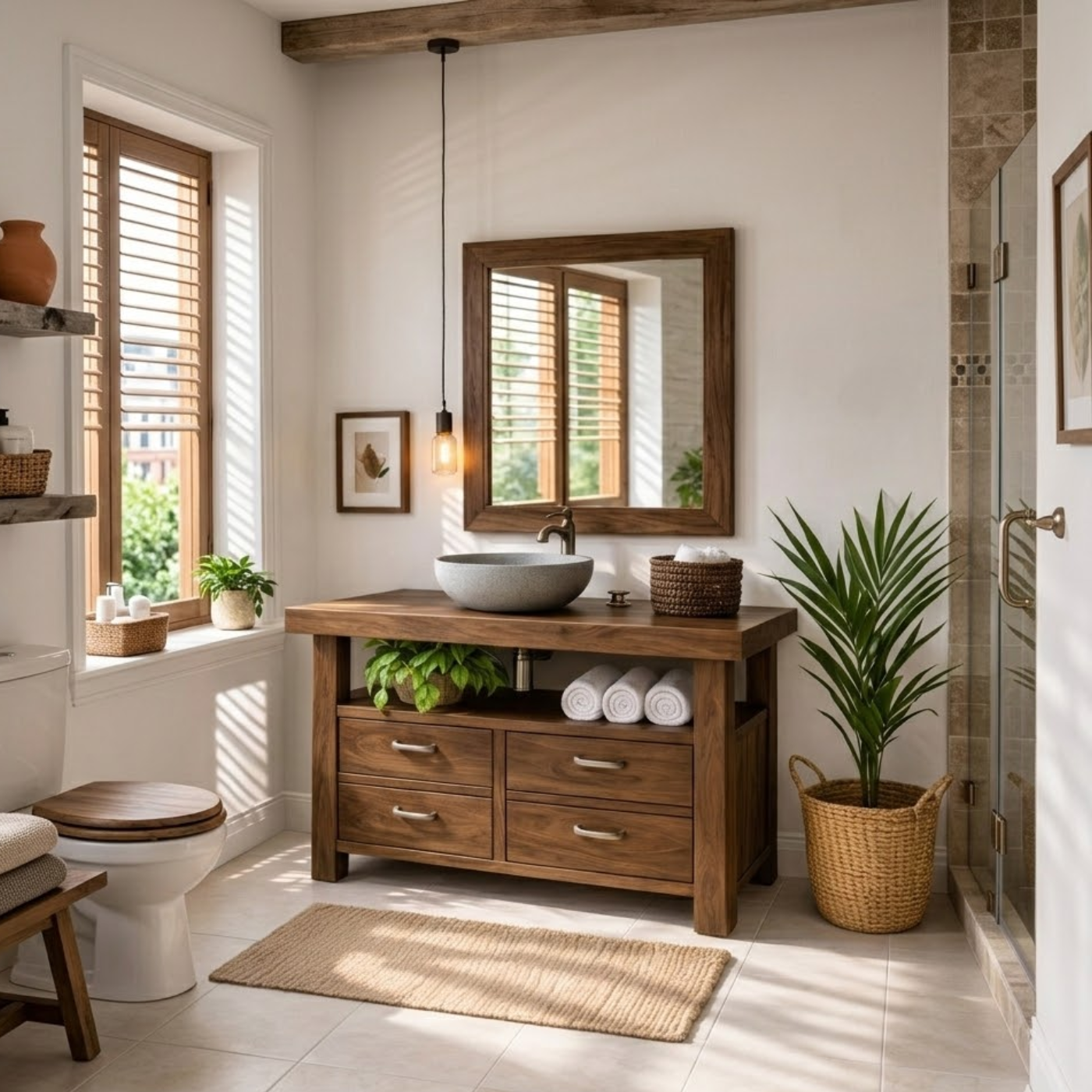 Solid Wood Bathroom Vanity with Four Drawers and Open Shelf for Transitional and Modern Bathrooms