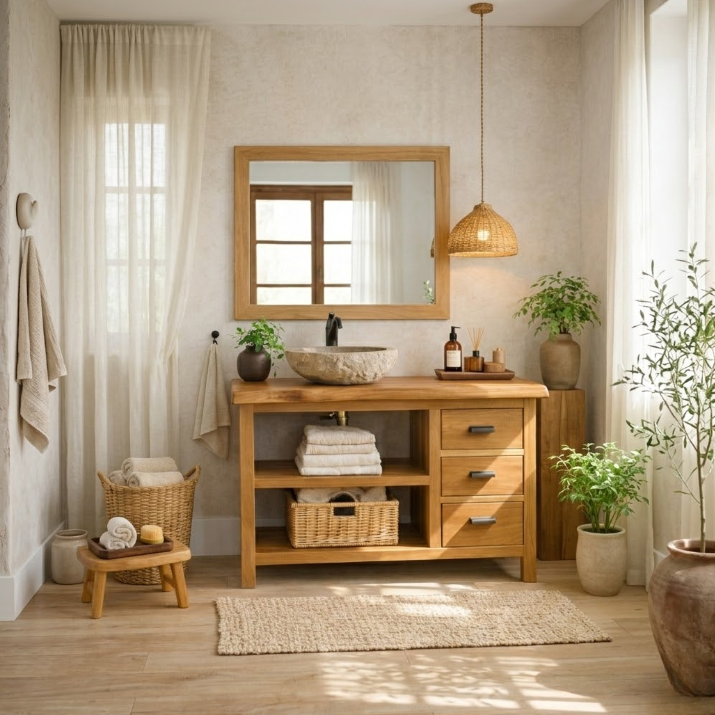 Solid Wood Bathroom Vanity with Three Drawers and Double Open Shelves for Modern Rustic Bathrooms