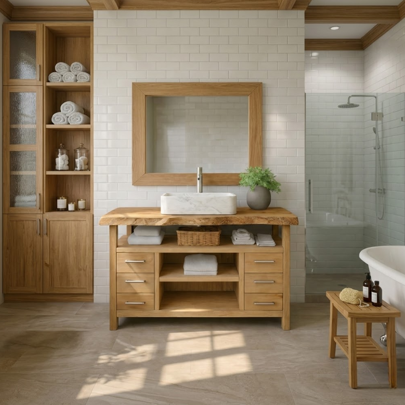 Solid Wood Bathroom Vanity with Six Drawers and Open Shelves – Freestanding Natural Wood Vanity Cabinet