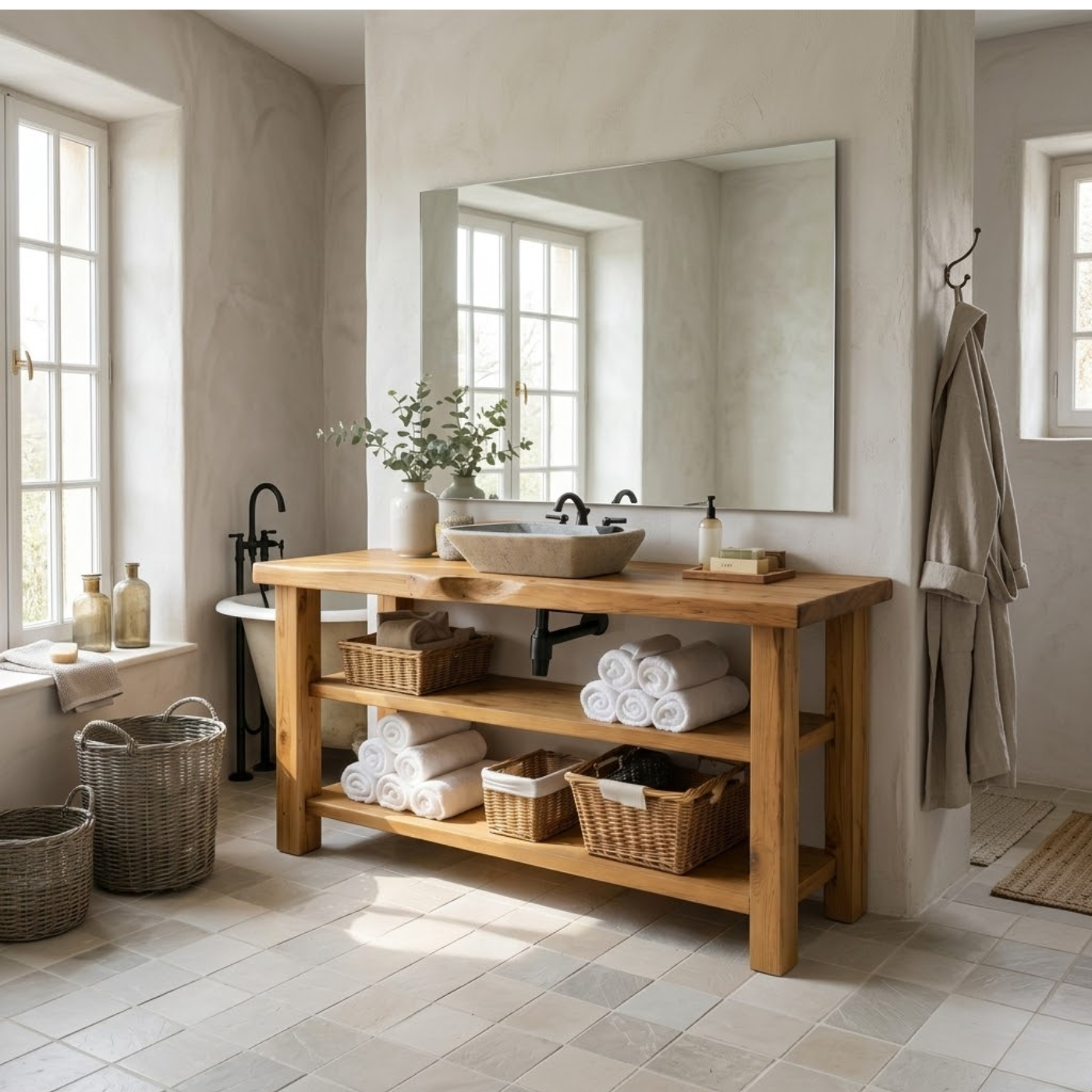 Solid Wood Console Bathroom Vanity with Open Shelves – Rustic Farmhouse Single Sink Vanity