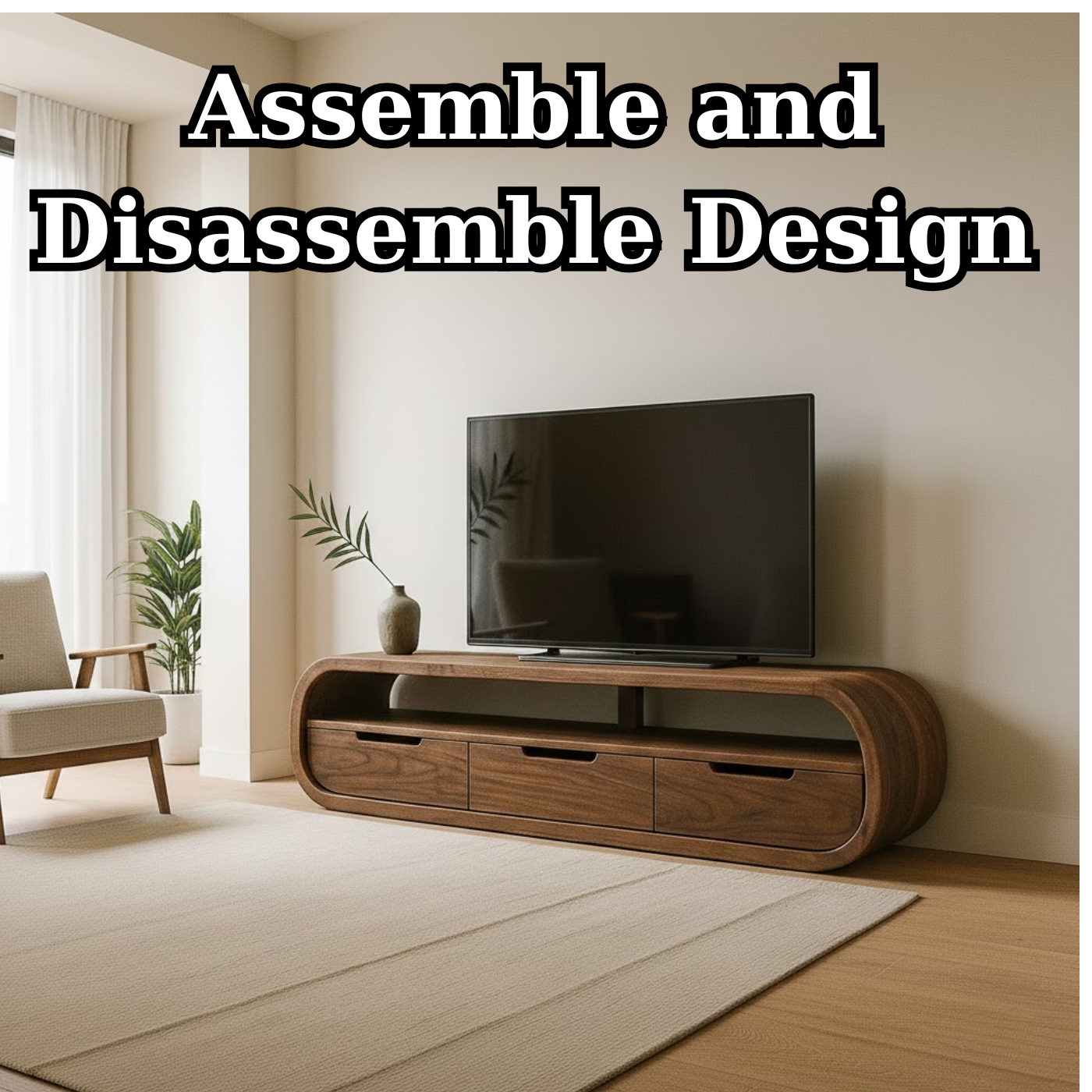 Modern Curved Solid Wood TV Stand with Drawer Storage