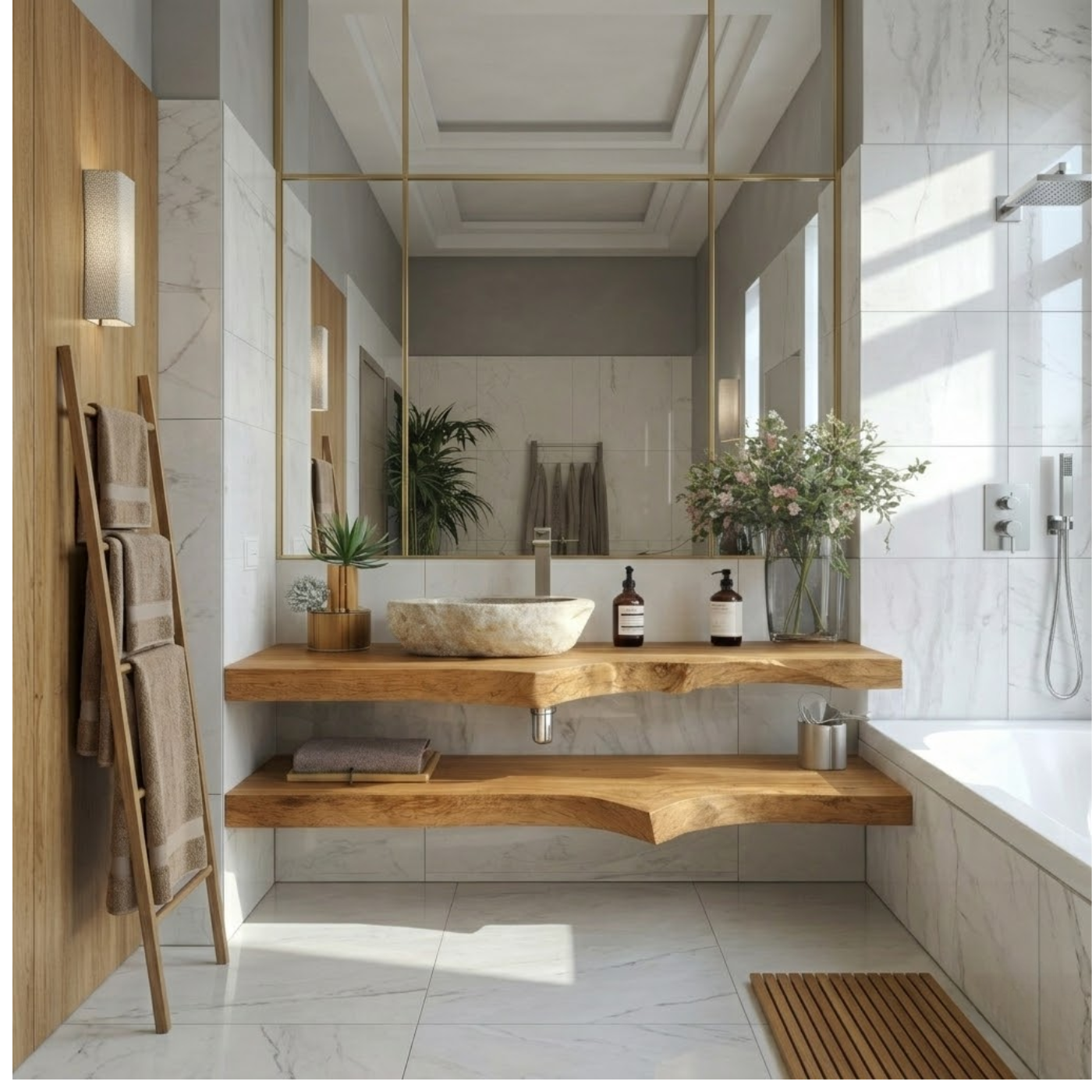 Floating Live Edge Solid Wood Bathroom Vanity with Dual Shelves – Modern Natural Wood Wall Mounted Vanity