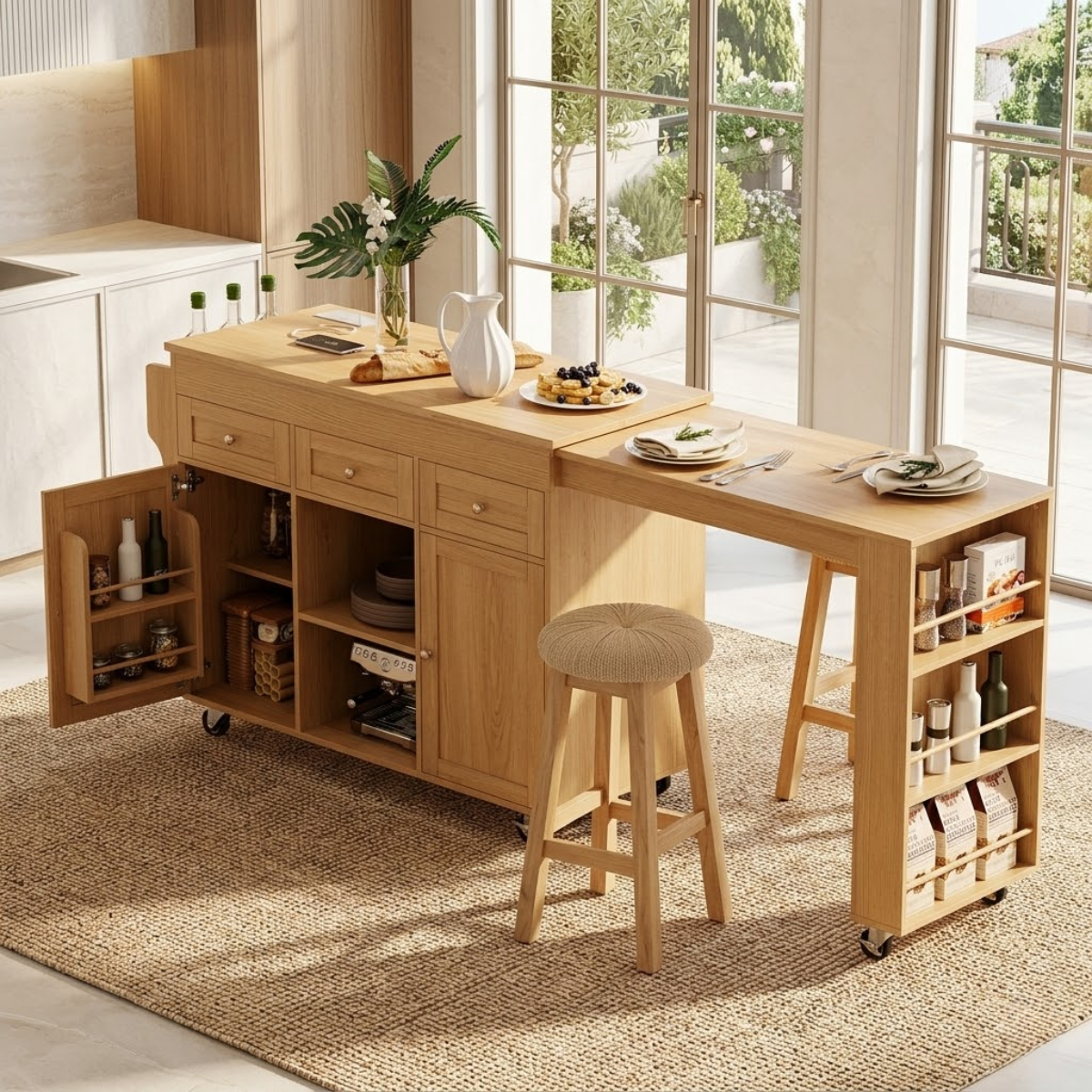 Rolling Kitchen Island with Extendable Dining Table, Storage Cabinet, Modern Prep Cart for Home