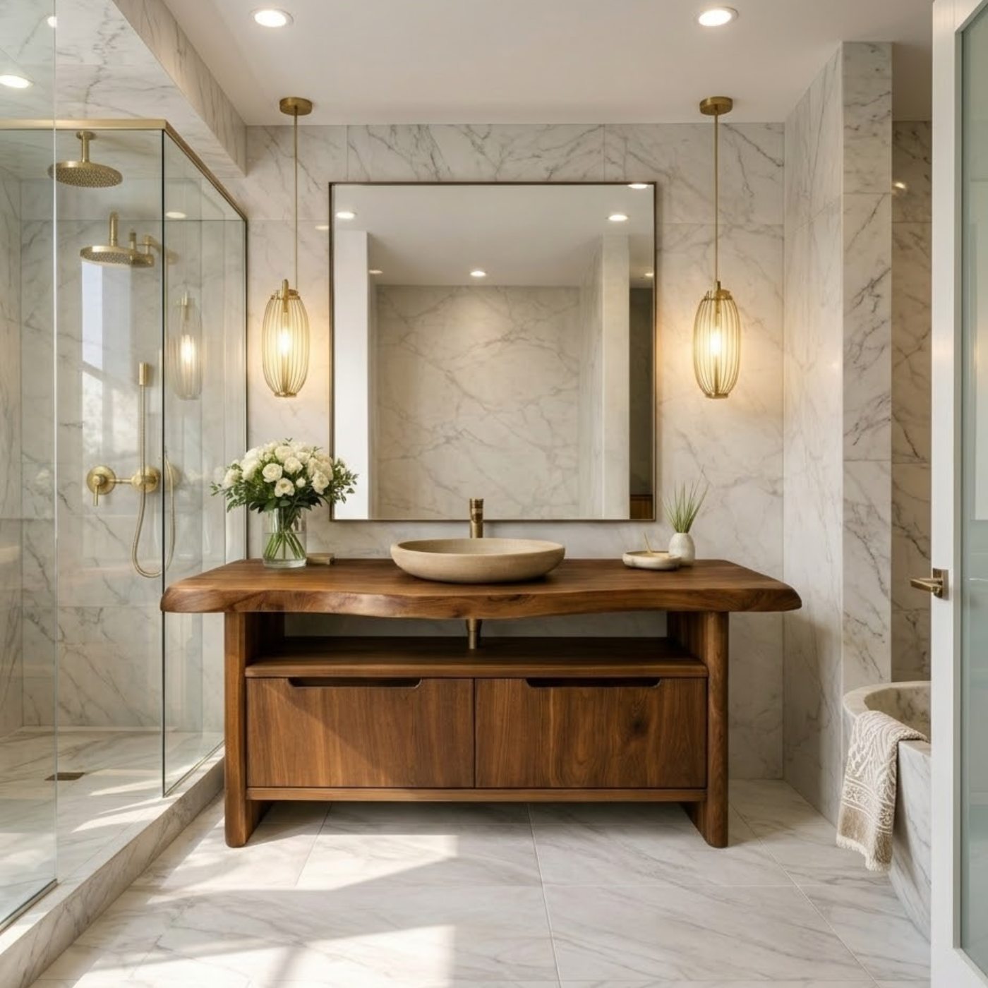 Live Edge Solid Wood Bathroom Vanity with Dual Drawers and Open Shelf for Contemporary Bathrooms
