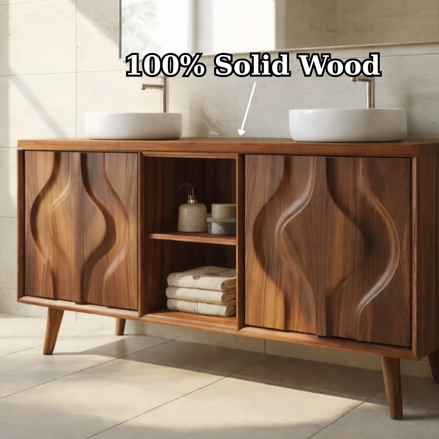 Mid-Century Solid Wood Double Bathroom Vanity Cabinet with Sculpted Wave Doors and Open Shelf