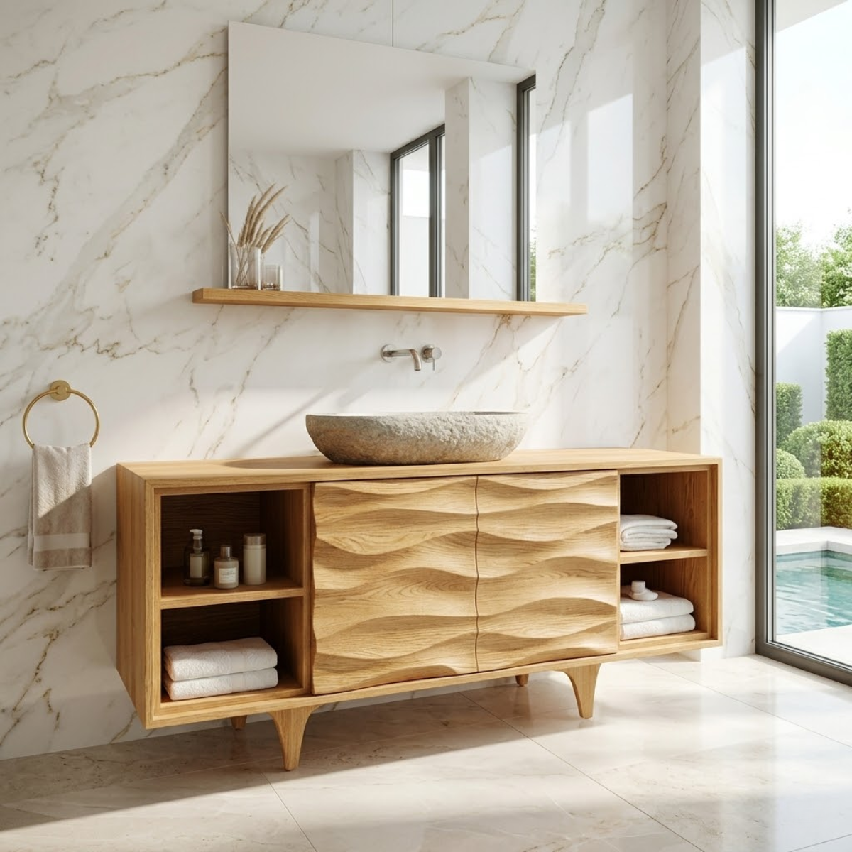 Modern Solid Wood Bathroom Vanity with Textured Doors and Open Shelf Storage
