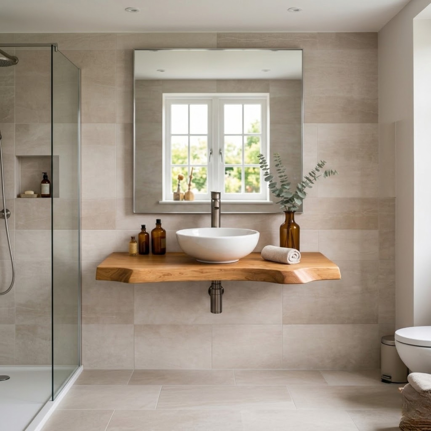 Floating Live Edge Solid Wood Bathroom Vanity – Wall Mounted Natural Wood Slab Vanity