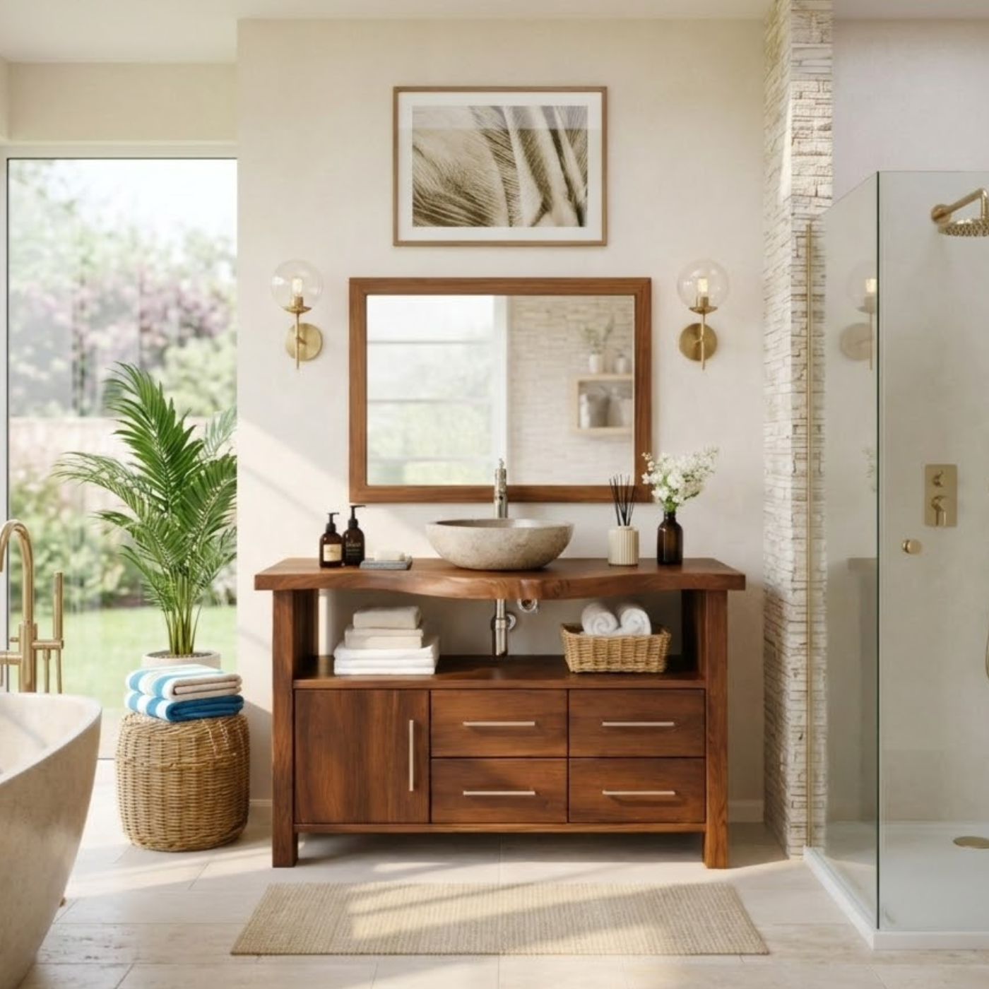 Live Edge Solid Wood Bathroom Vanity with Single Cabinet Door, Four Drawers and Open Shelf for Modern Farmhouse