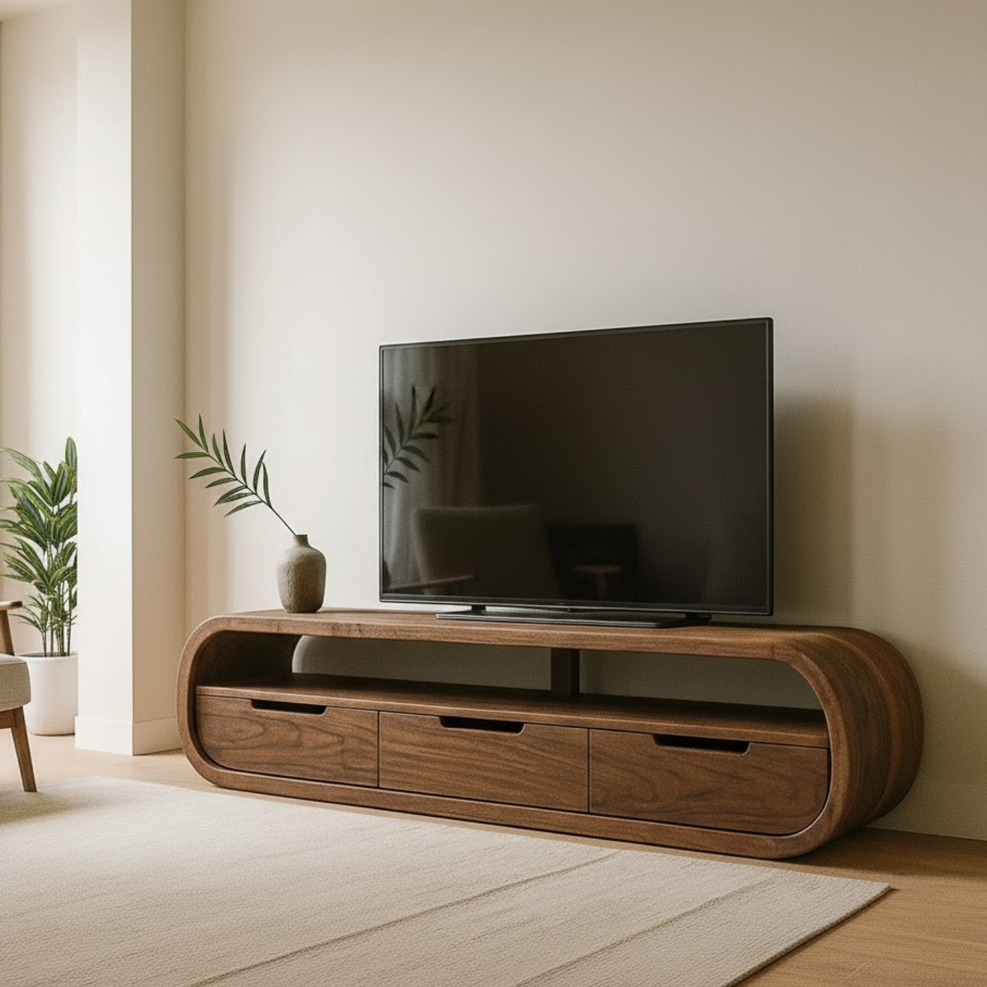 Modern Curved Solid Wood TV Stand with Drawer Storage