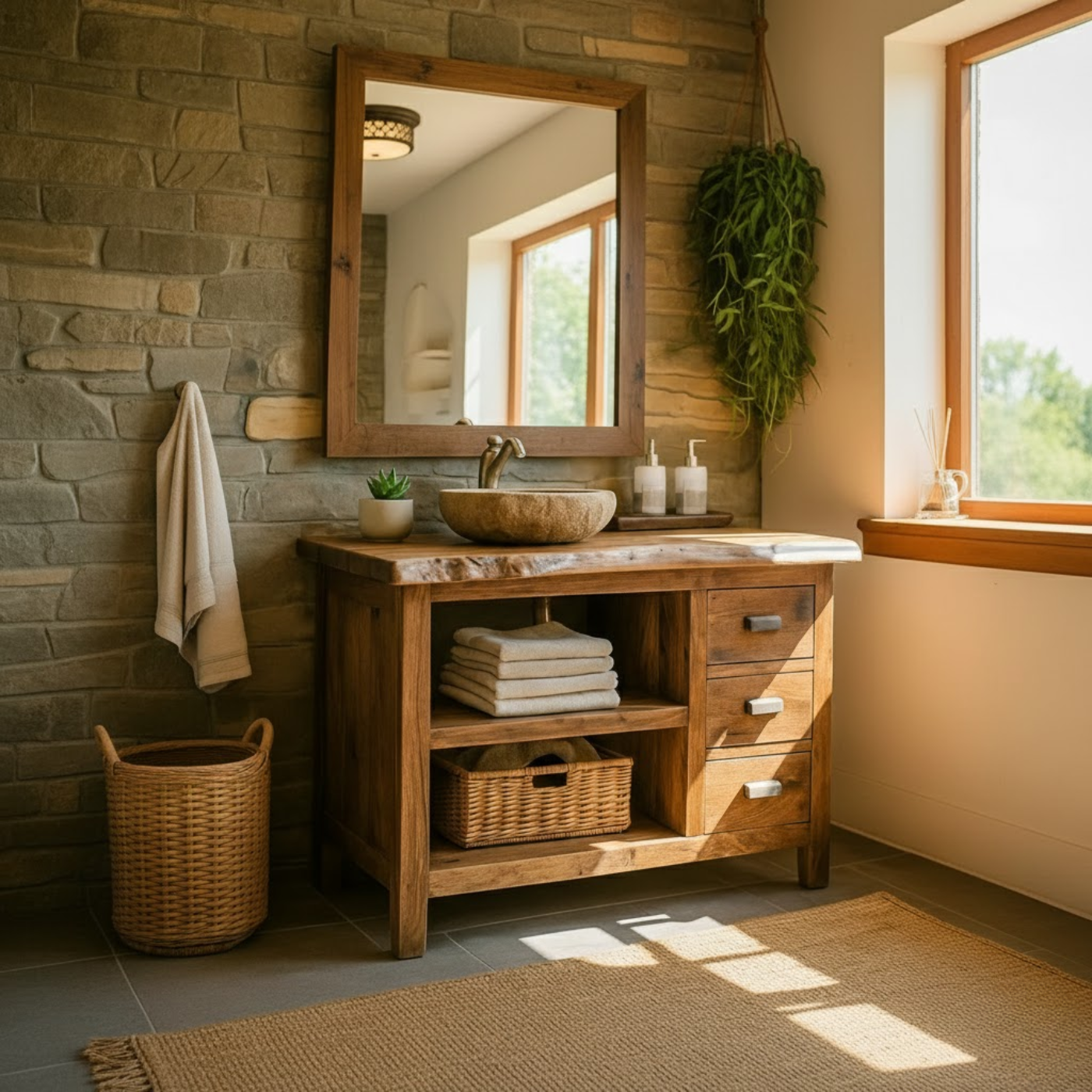 Rustic Solid Wood Live Edge Bathroom Vanity with Open Shelf and Three Drawers