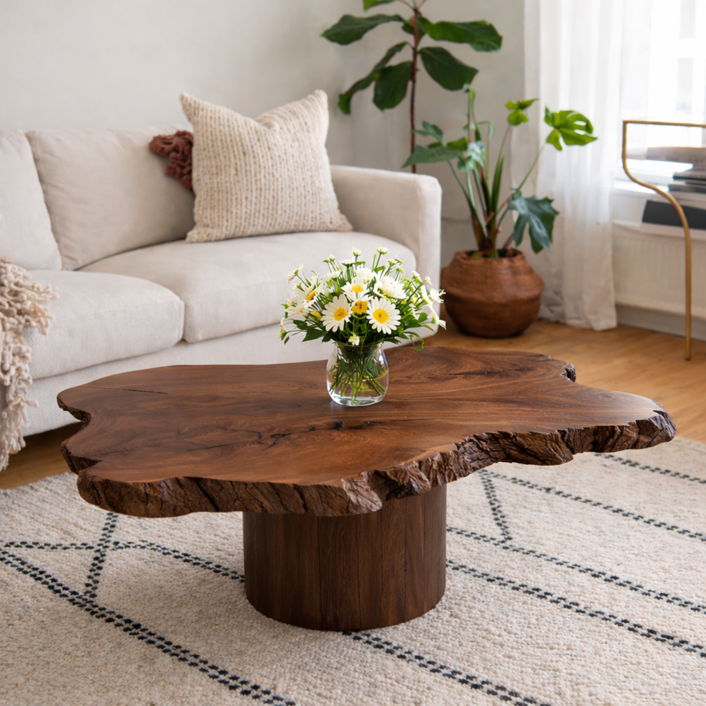 Live Edge Solid Wood Coffee Table for Living Room with Pedestal Base